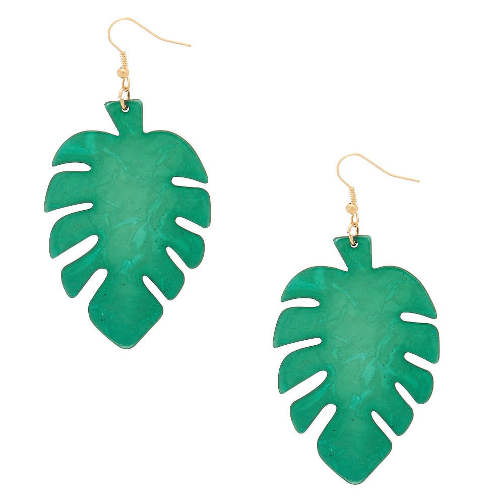 Gold 3" Palm Leaf Drop Earrings - Green,
