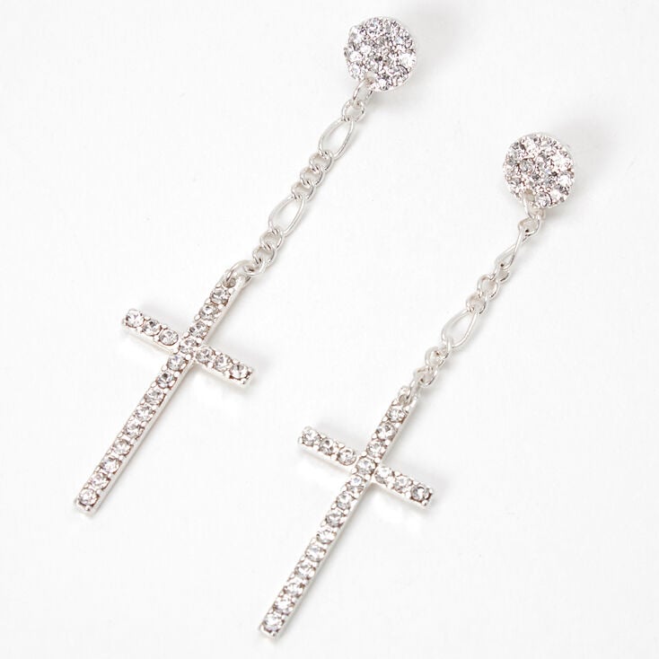 Silver 2.5&quot; Embellished Cross Drop Earrings,