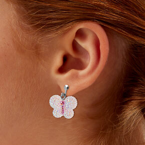 Pink Butterfly Textured Clip-On Drop Earrings,