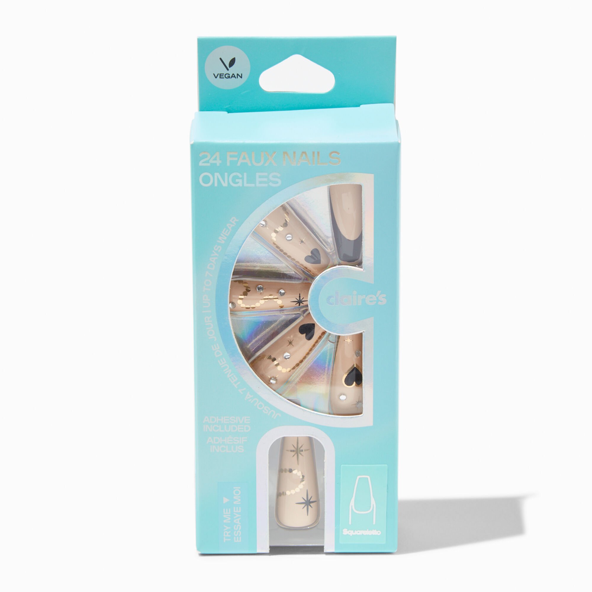 Black Heart Bling French Tip Squareletto Vegan Faux Nail Set - 24 Pack,