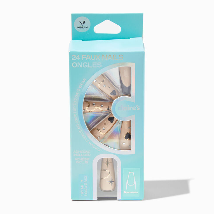 Black Heart Bling French Tip Squareletto Vegan Faux Nail Set - 24 Pack,