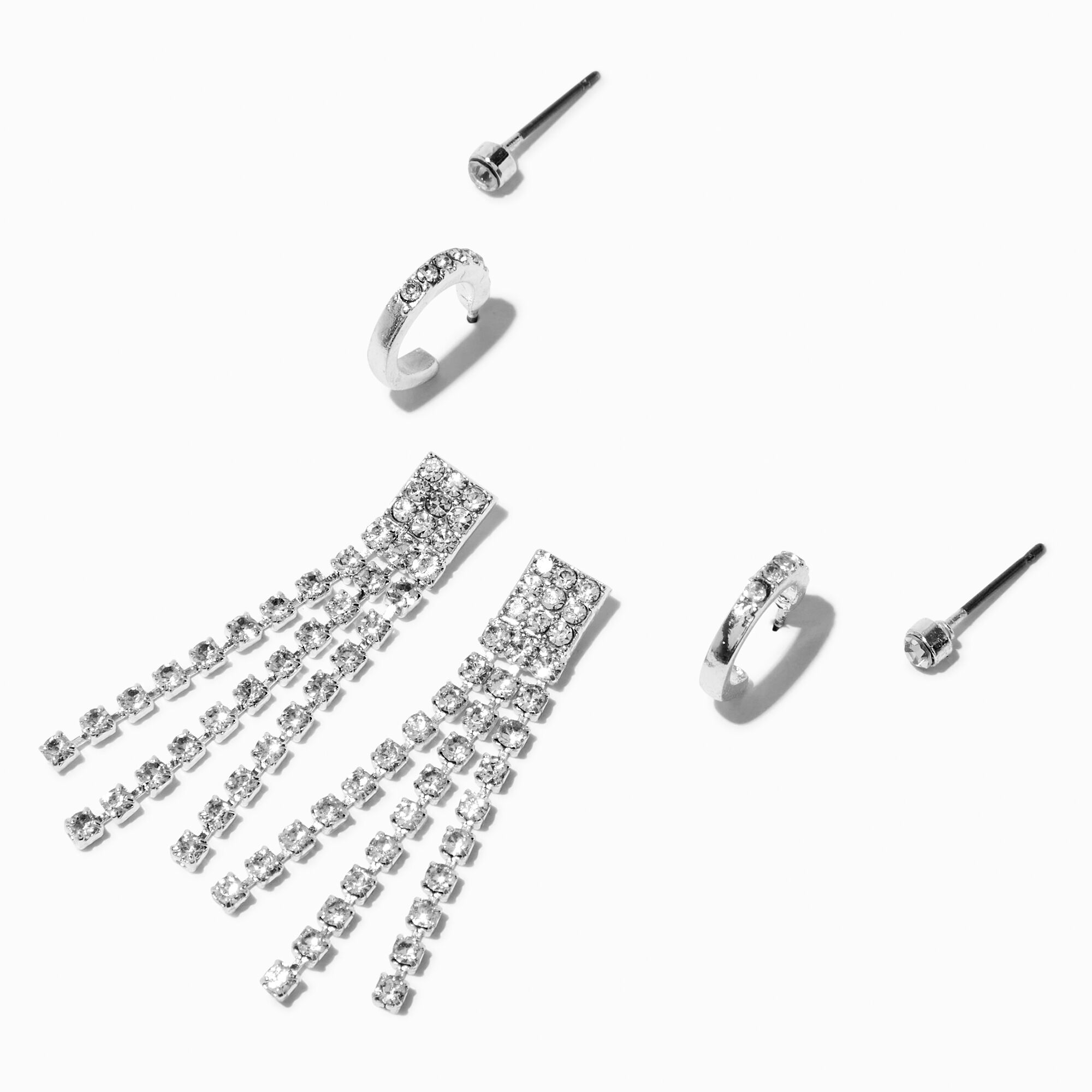 View Claires Tone Crystal Fringe Earring Stackables Set 3 Pack Silver information