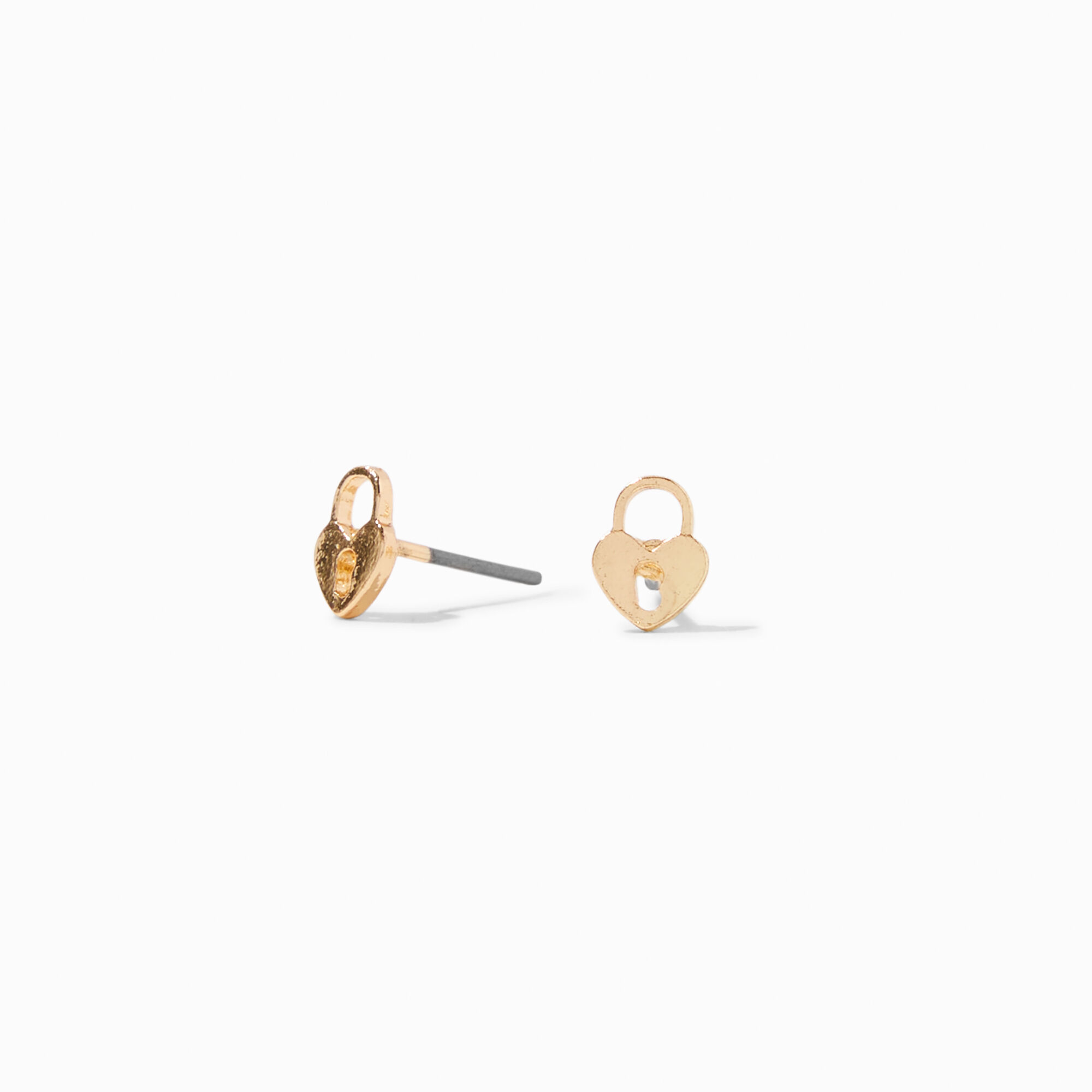 View Claires HeartShaped Lock Tone Stud Earrings Gold information