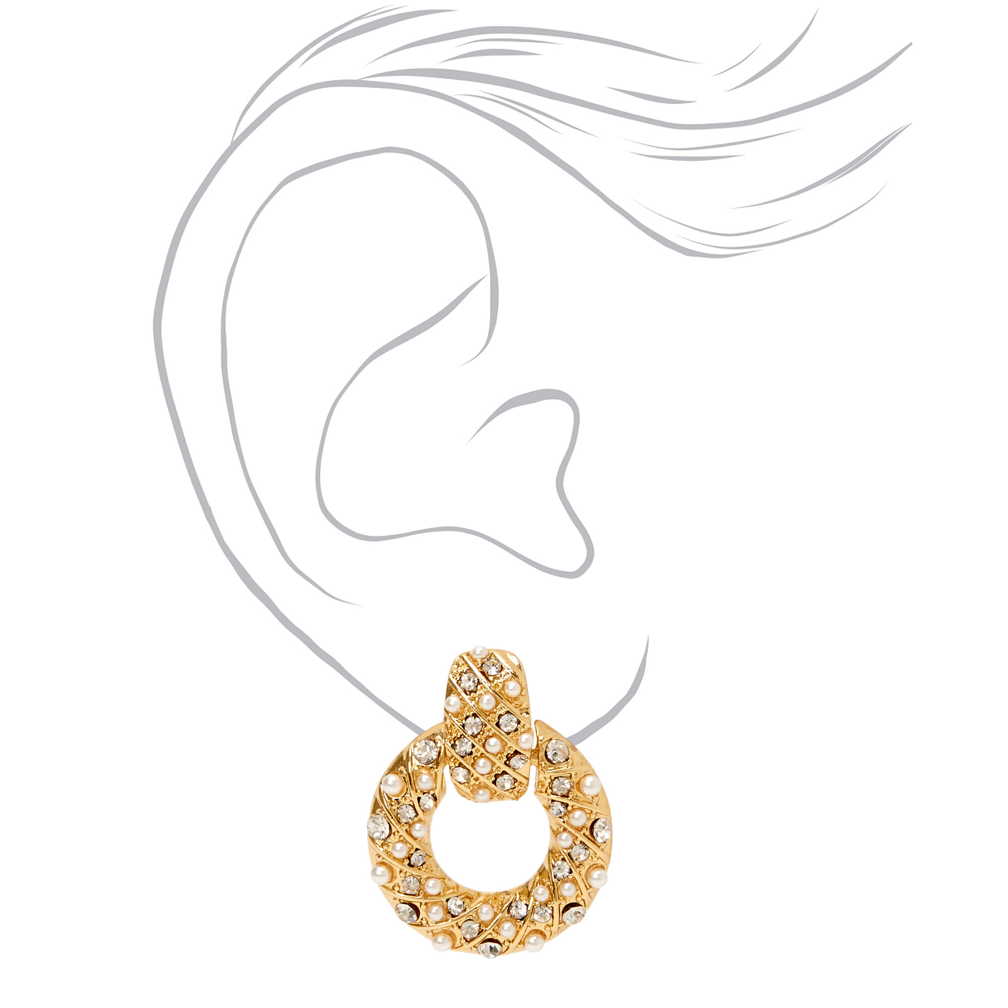 Gold 1" Crystal Pearl Circle Door Knocker Clip On Drop Earrings,
