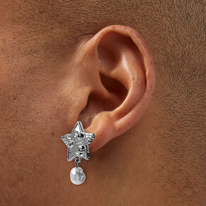 Silver-tone Hammered Star &amp; Pearl Drop Earrings,