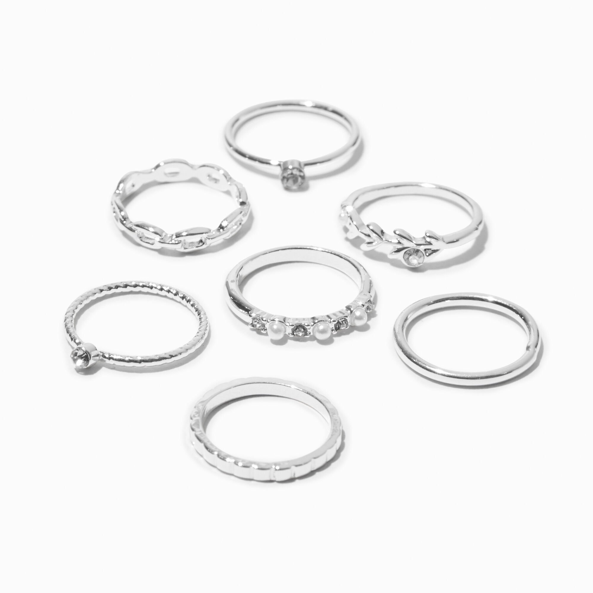 View Claires Tone Pearl Crystal Midi Rings 7 Pack Silver information