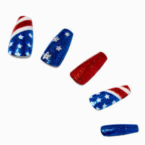 Glitter American Flag Squareletto Press On Faux Nail Set - 24 Pack,