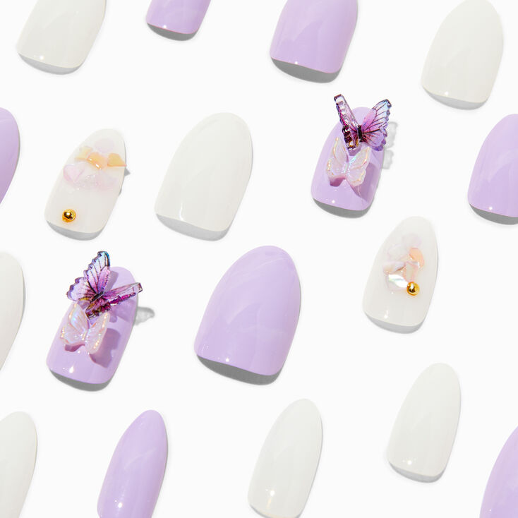 3D Purple Butterfly Stiletto Vegan Faux Nail Set - 24 Pack