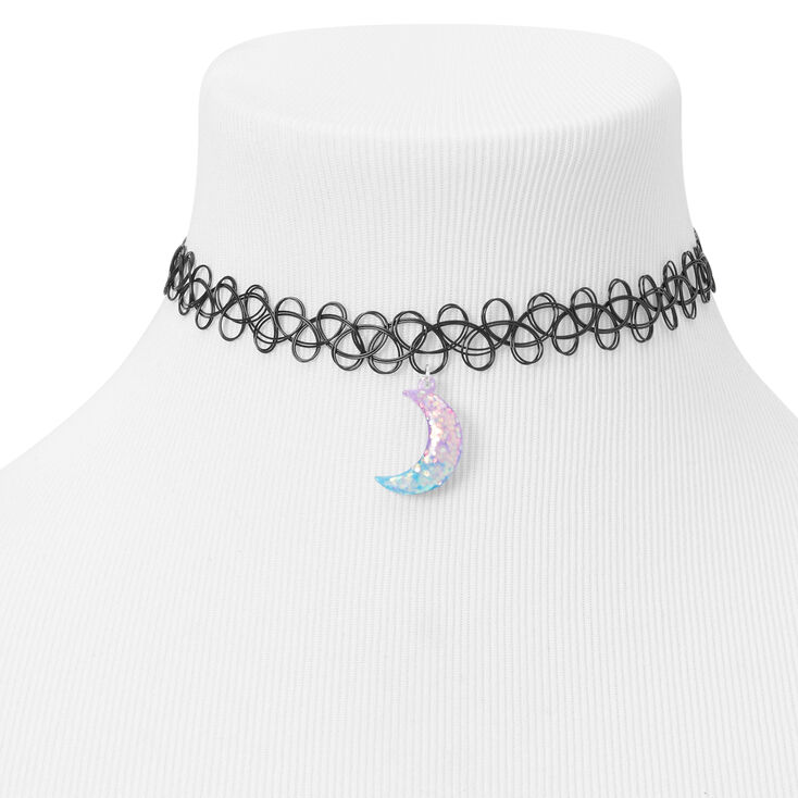 Glitter Moon Tattoo Choker Necklace - Blue and Pink,