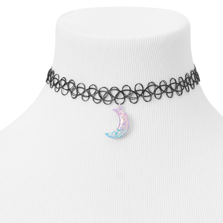 Glitter Moon Tattoo Choker Necklace - Blue and Pink,