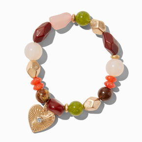 Gold-tone Textured Heart Boho Beaded Stretch Bracelet,