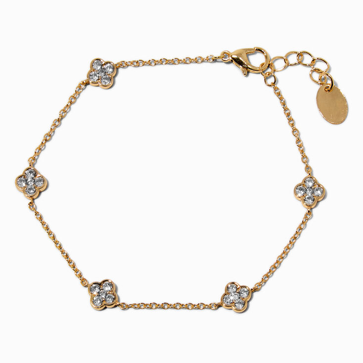 Gold-tone Cubic Zirconia Clover Chain Bracelet,