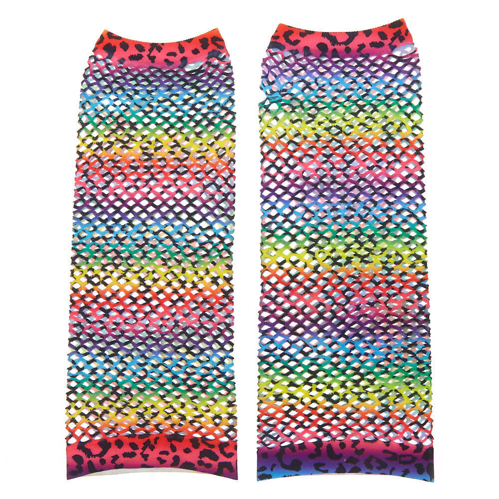 Rainbow Leopard Print Fishnet Arm Warmers,