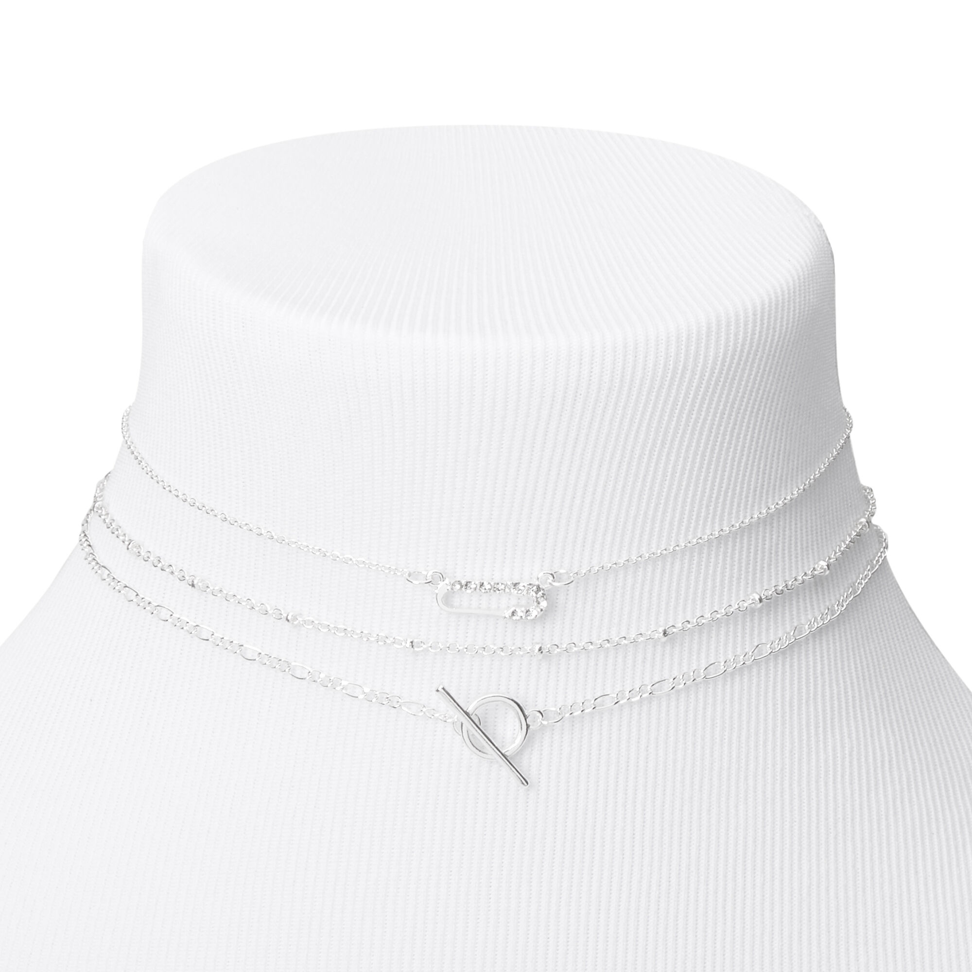 Silver Safety Pin Toggle Choker Necklaces - 3 Pack,