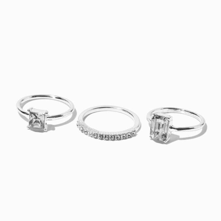 Silver-tone Crystal Geometric Rings Stack - 3 Pack,