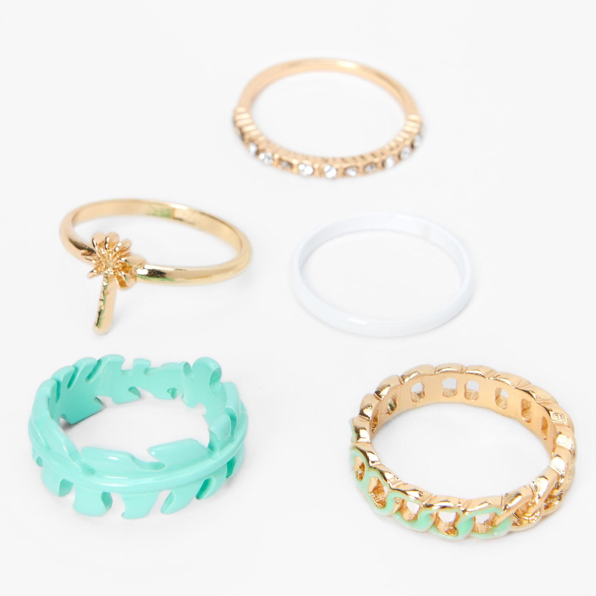 Gold & Enamel Palm Tree Rings - 5 Pack,