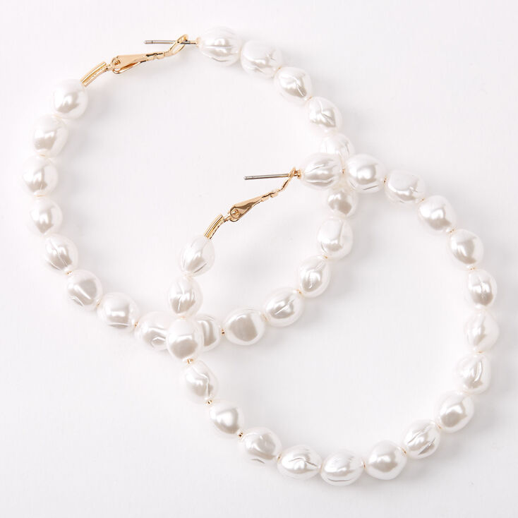 Gold 60MM Pearl Hoop Earrings - Ivory