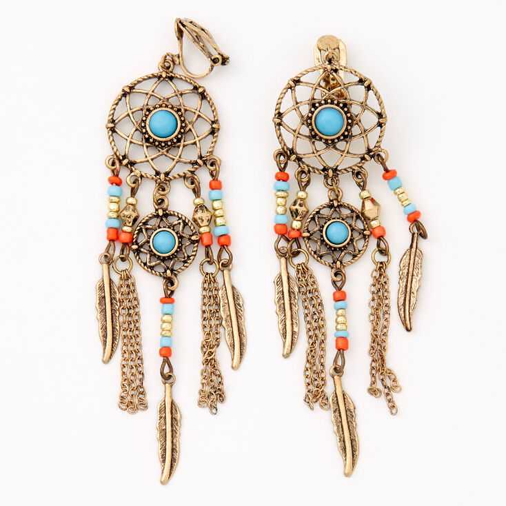 Gold 3&quot; Dreamcatcher Beaded Feather Chandelier Drop Earrings,