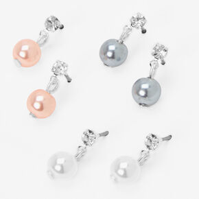 Silver-tone 0.5&quot; Faux Crustal Pearl Drop Earrings - 3 Pack,