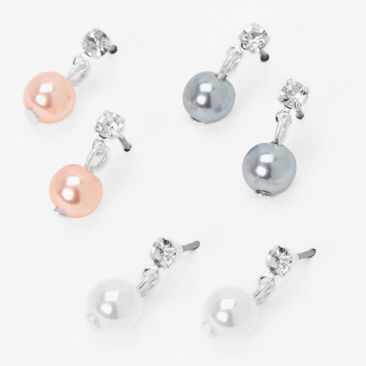 Silver-tone 0.5&quot; Faux Crustal Pearl Drop Earrings - 3 Pack,
