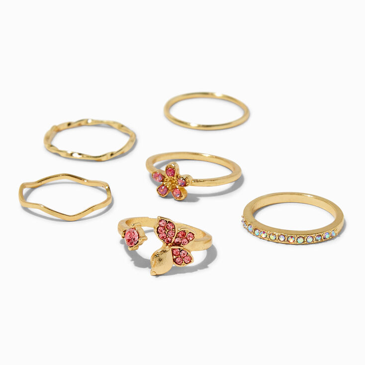 Pink Crystal Butterfly Ring Set - 6 Pack ,