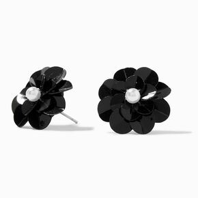 Black Sequin Pearl Flower Stud Earrings ,