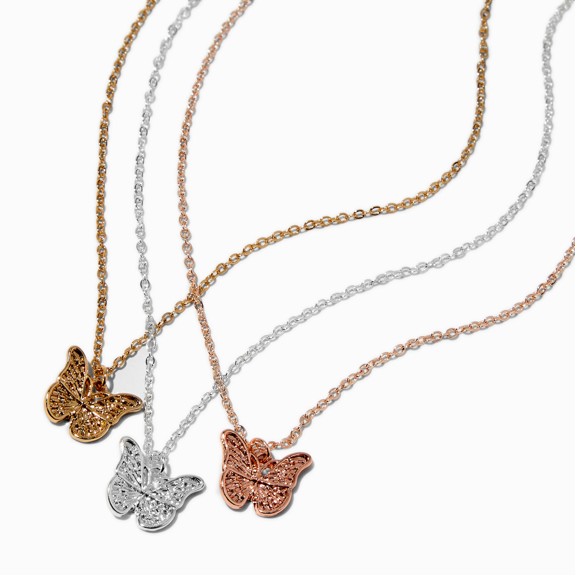 View Claires Mixed Metal Butterfly Pendant Necklaces 3 Pack Rose Gold information