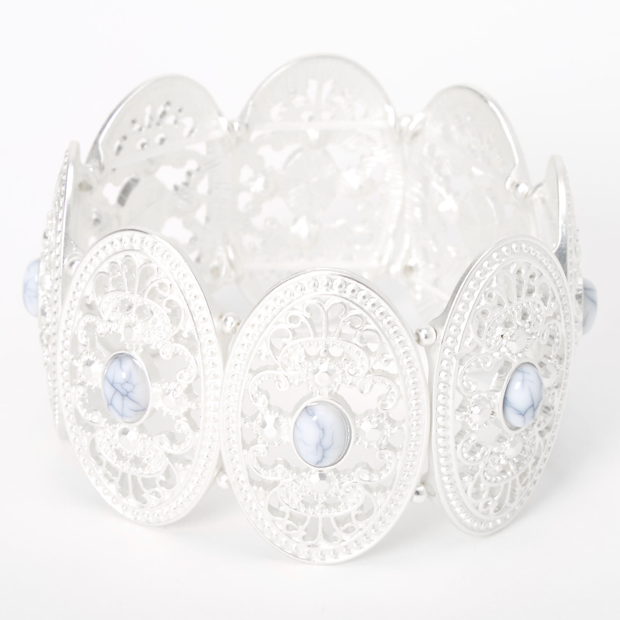 Silver Marble Stone Oval Medallion Stretch Bracelet,