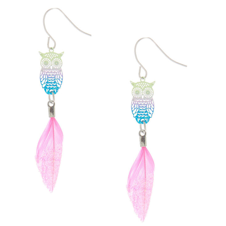 2.5&quot; Rainbow Glitter &amp; Feather Owl Drop Earrings,