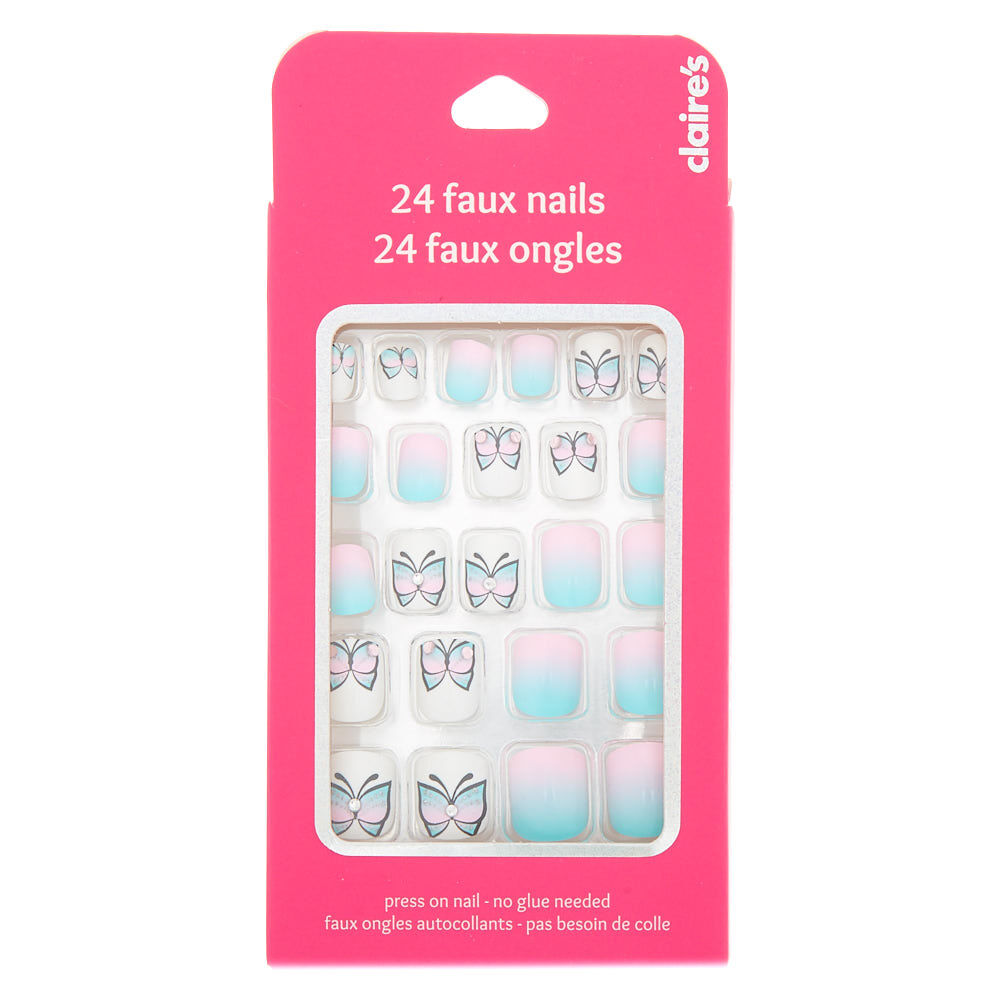 Ombre Butterfly Square Press On Faux Nail Set - 24 Pack,