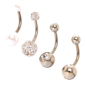 Silver 14G Fireball &amp; Faux Pearl Belly Rings - 4 Pack,