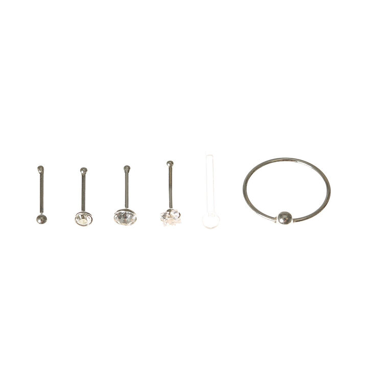 Sterling Silver 22G Stone Nose Stud &amp; Ring Set - 6 Pack,