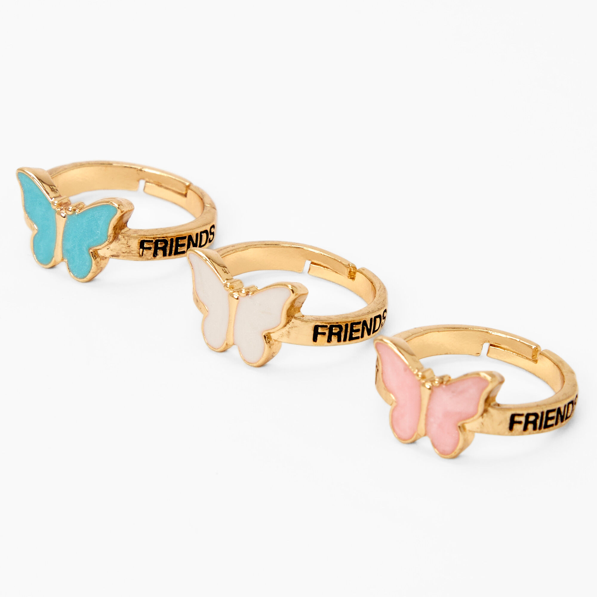 View Claires Tone Best Friends Enamel Butterfly Rings 3 Pack Gold information