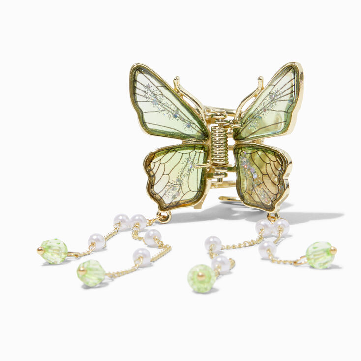 Gold-tone Green Butterfly Beaded Dangle Hair Claw,