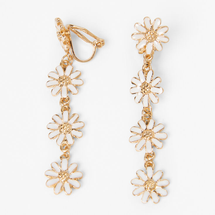 Gold-tone 2&quot; Daisy Flower Linear Drop Clip On Earrings,