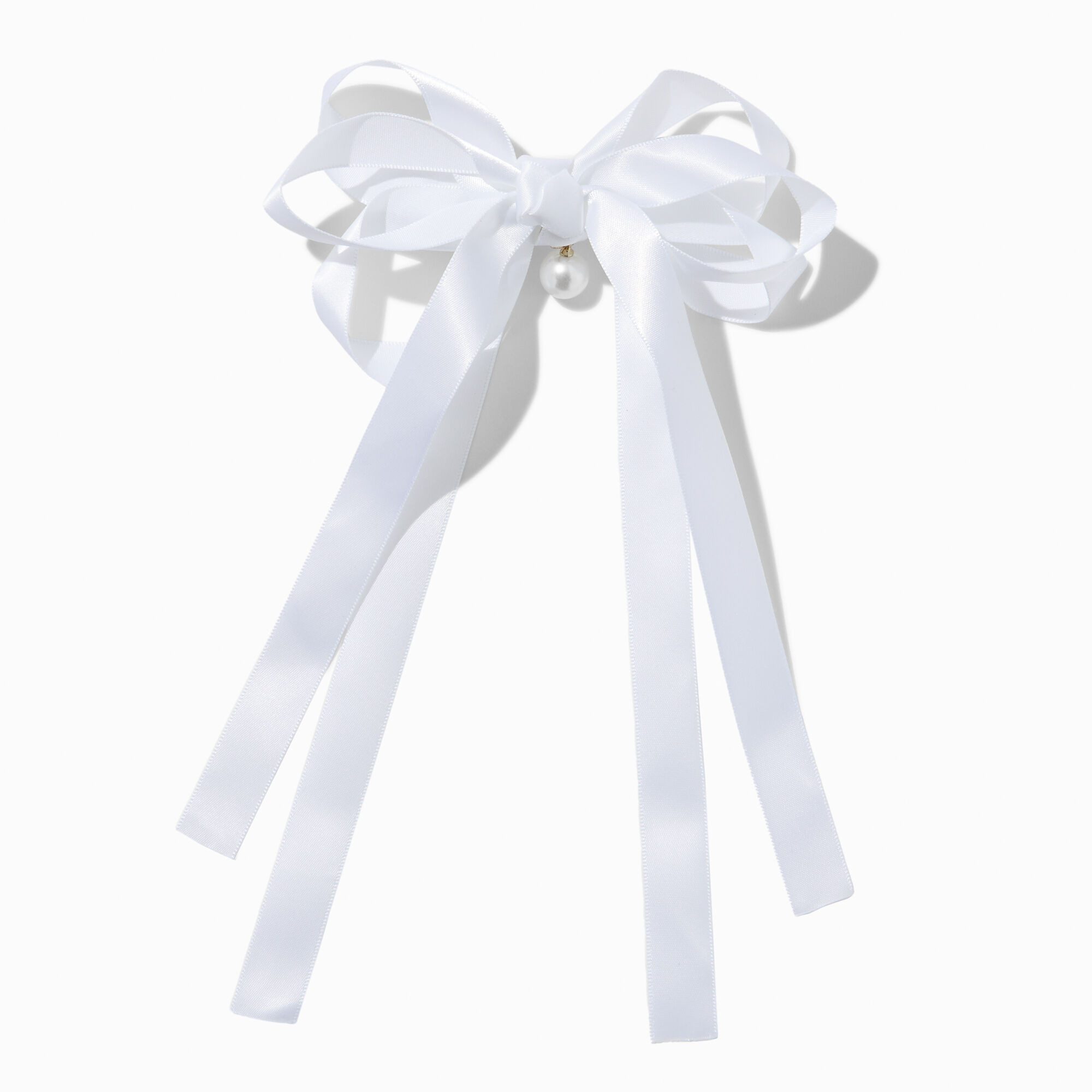 View Claires Satin Pearl Long Tail Bow Hair Clip White information
