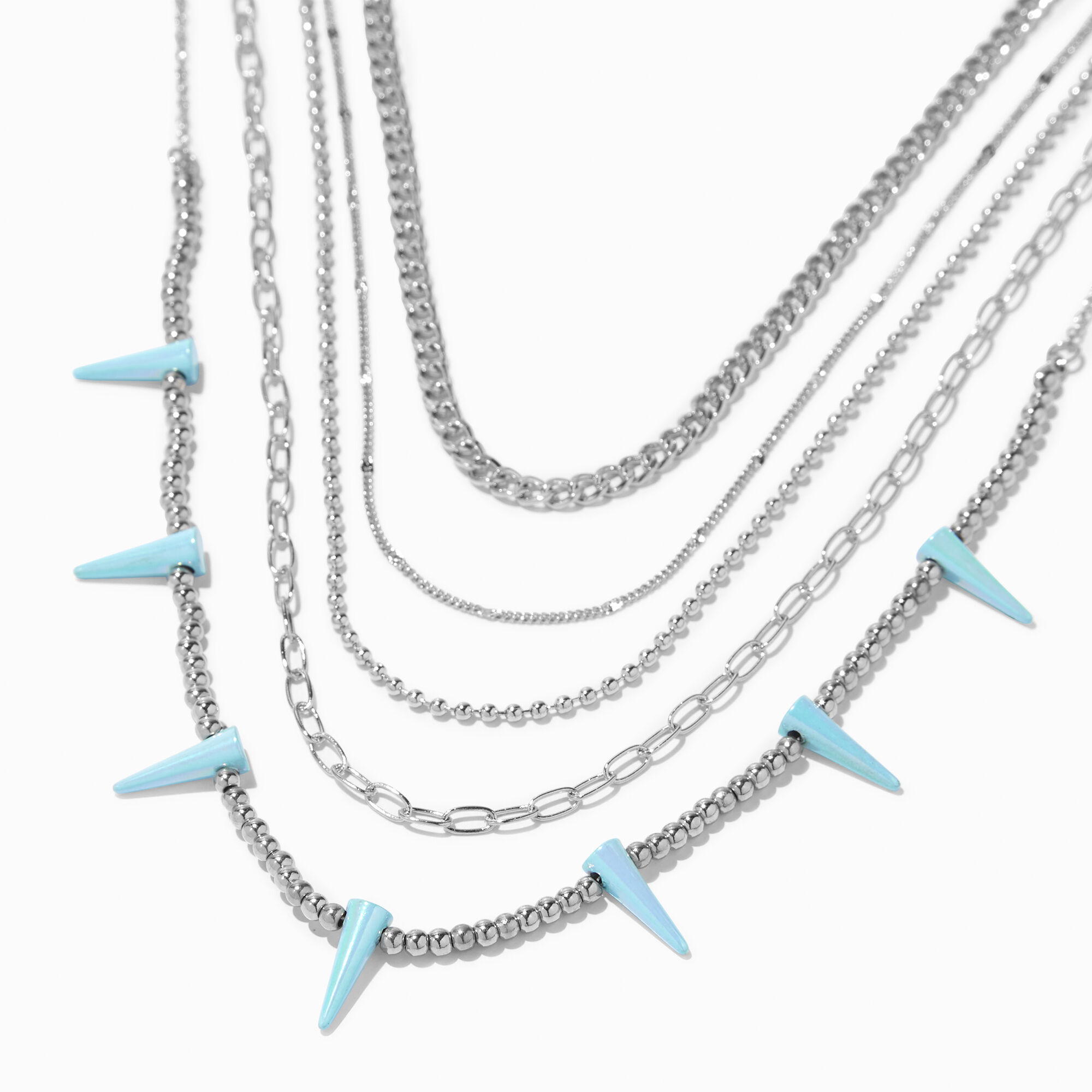 Silver Chain Light Blue Spikes Multi Strand Necklace