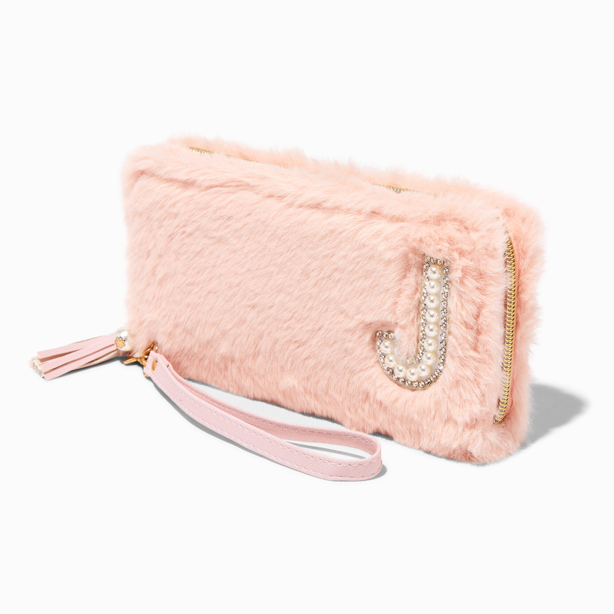 View Claires Blush Furry Pearl Initial Wristlet Wallet J Pink information