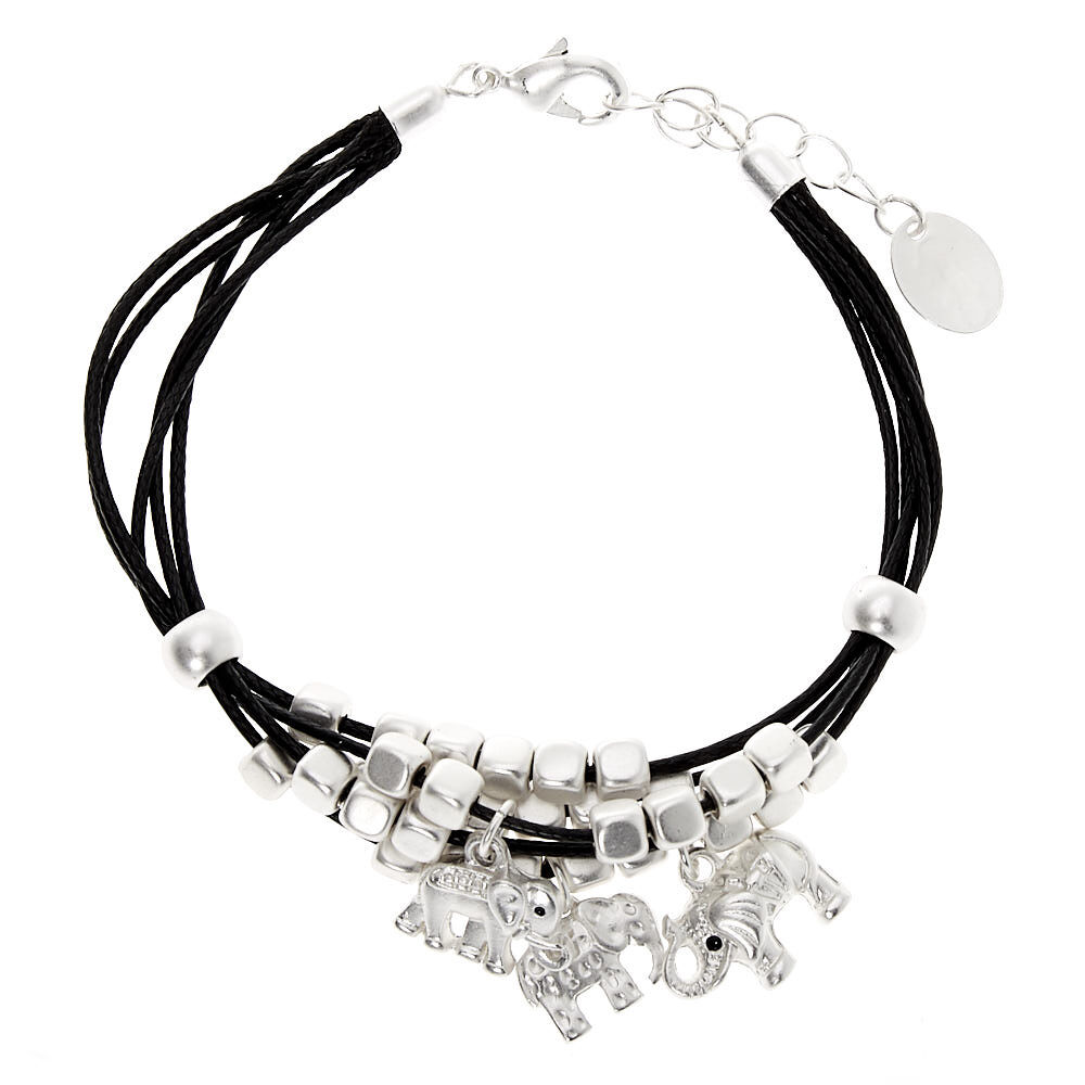 Silver Elephant Beaded Cord Bracelet - Black,