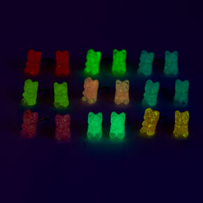 Neon Glow in the Dark Gummy Bear Stud Earrings - 9 Pack,
