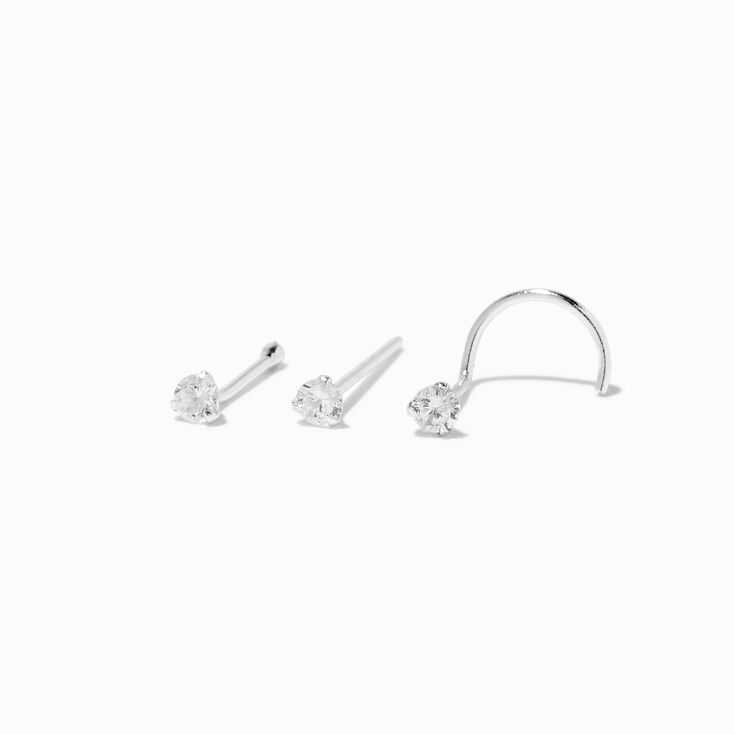 22G Sterling Silver Cubic Zirconia Nose Studs - 3 Pack ,