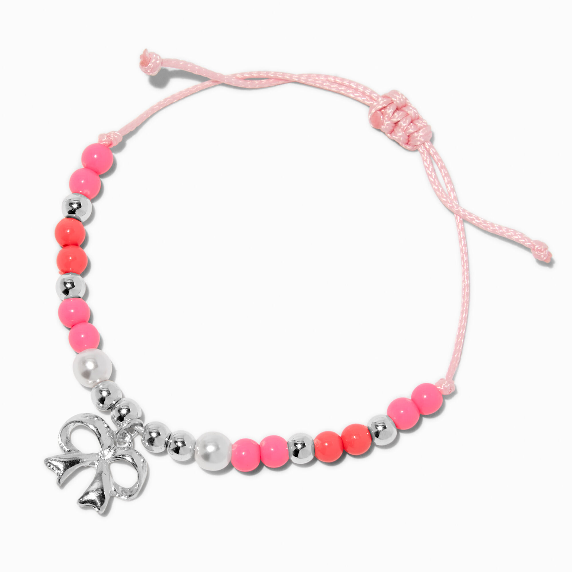 Bracelet réglable perlé rose nœud couleur argentée,