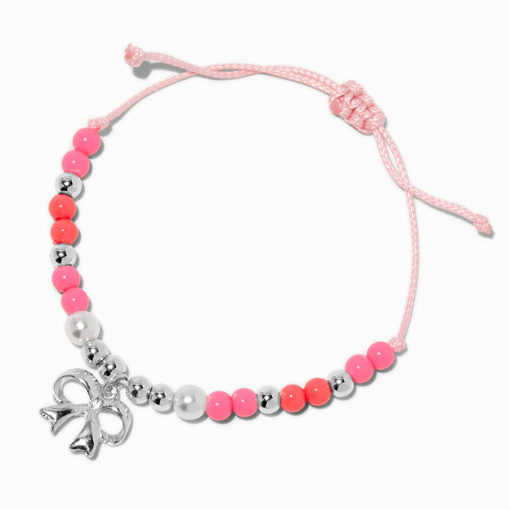 Silver-tone Bow Pink Beaded Adjustable Bracelet,