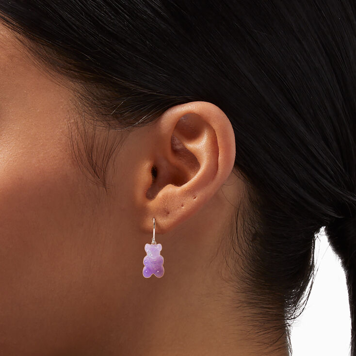 Purple Glitter Color-Changing Gummy Bear 0.5&quot; Drop Earrings,