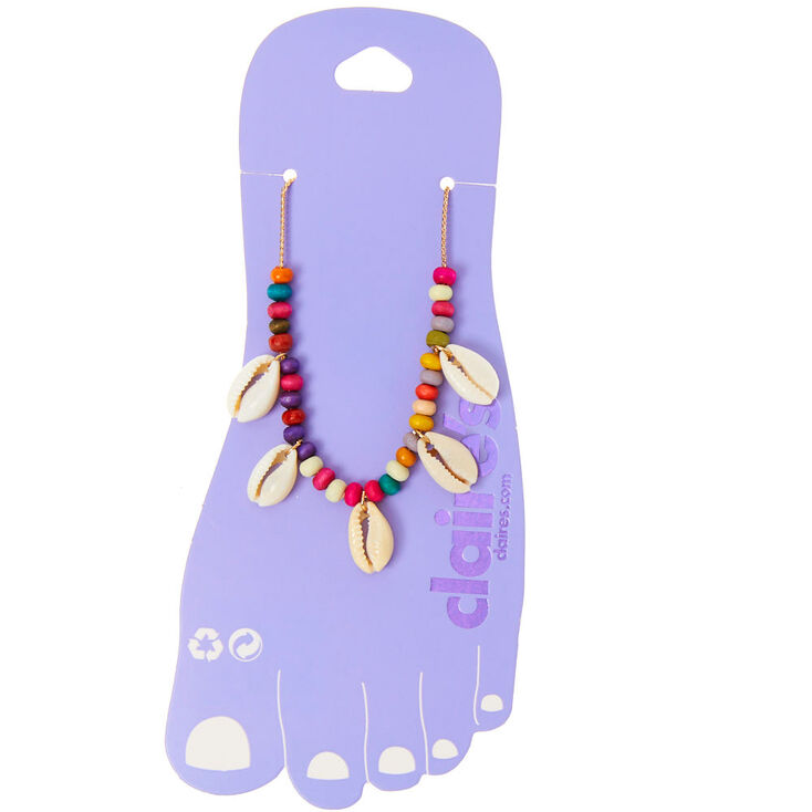 Gold-tone Rainbow Bead Cowrie Shell Anklet,