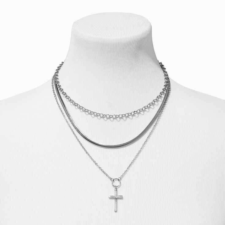 Collier multi-rangs cha&icirc;ne croix couleur argent&eacute;e,