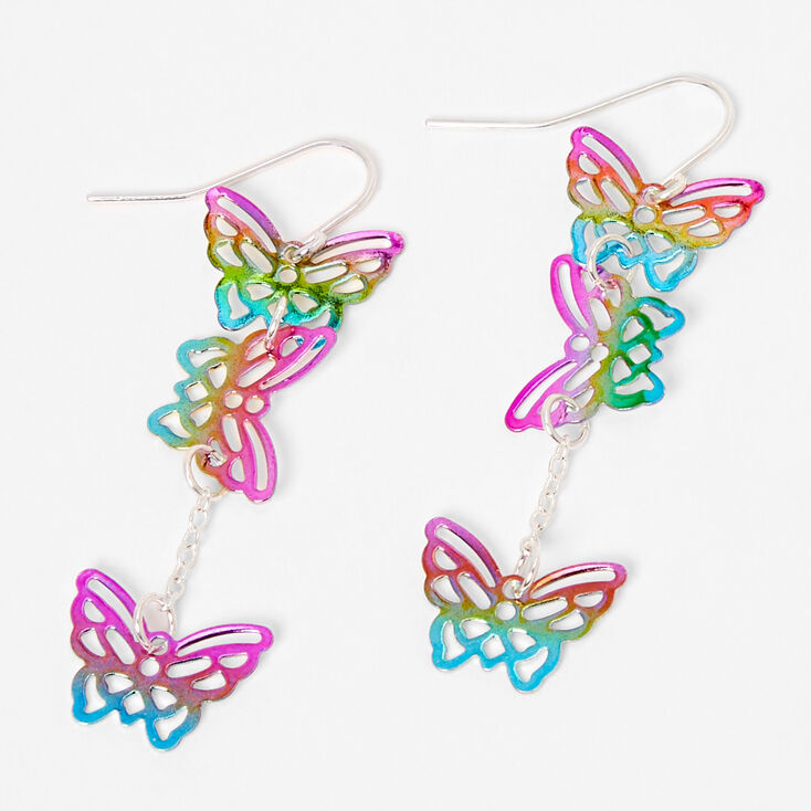 Silver 2&quot; Rainbow Butterfly Drop Earrings,