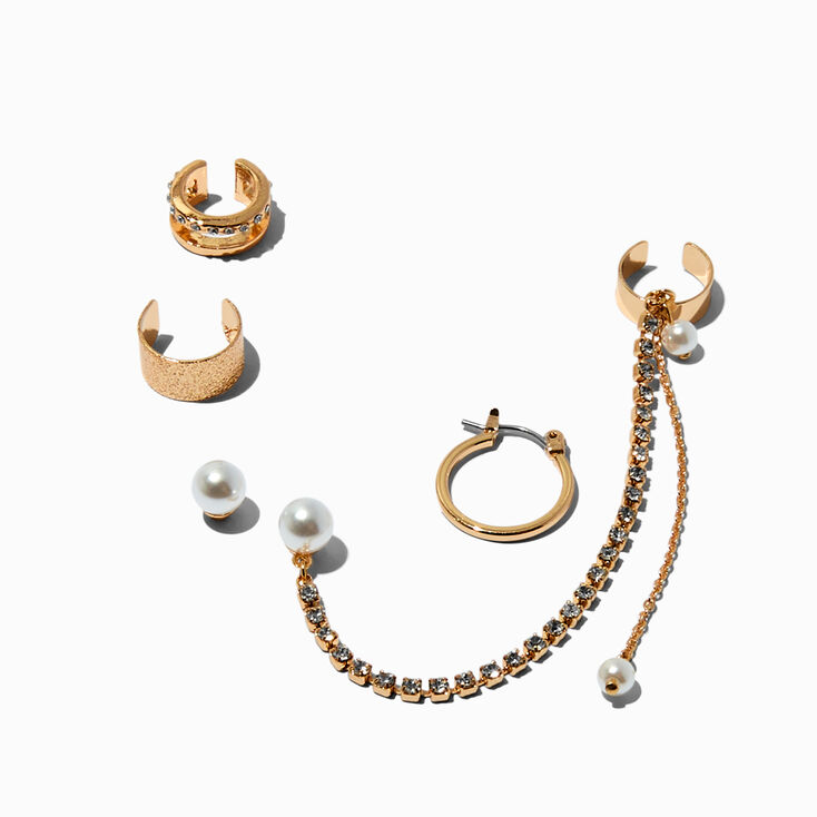 Gold-tone Pearl Hoop Cuff Earrings Stackables - 5 Pack,