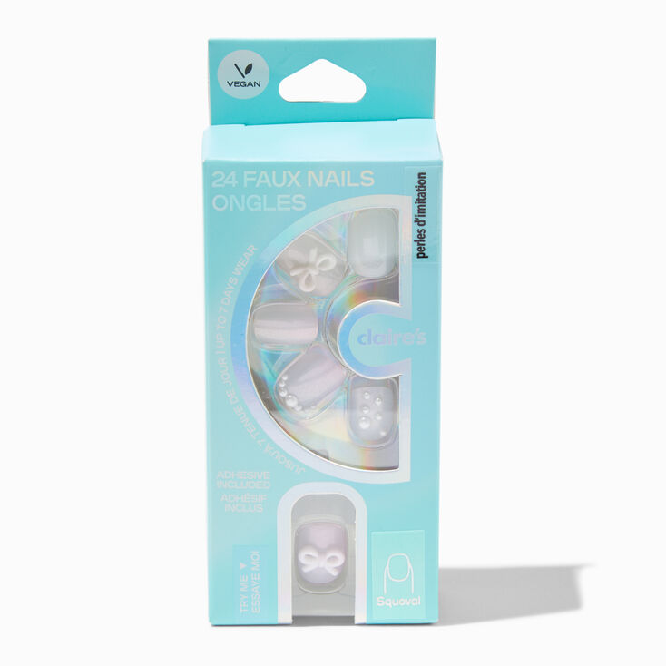 White Iridescent Pearl Squoval Vegan Faux Nail Set - 24 Pack,