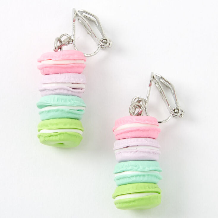 Silver 1&quot; Rainbow Macaron Clip On Drop Earrings,